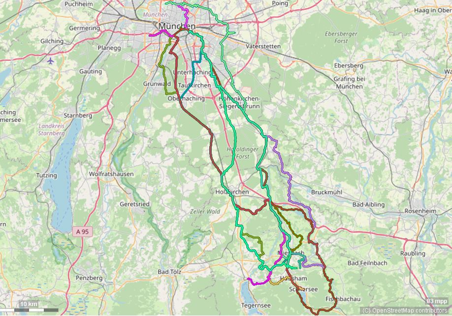 Karte mit Radrouten von München nach Miesbach, Schliersee und ins Miesbacher Oberland