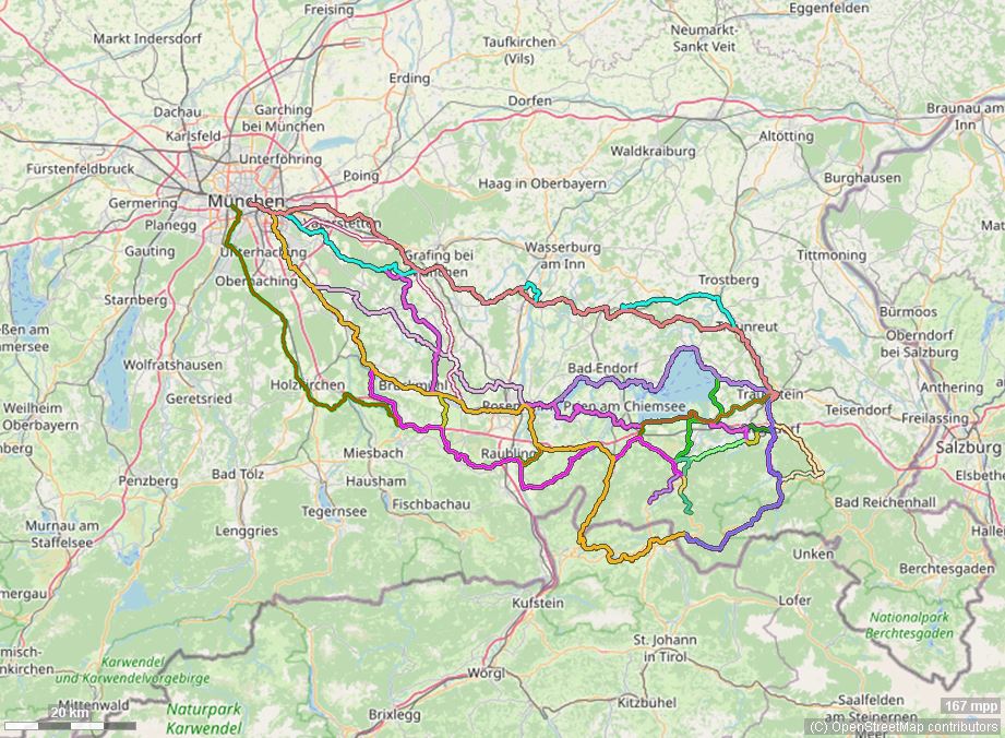Karte mit Radrouten von München in den Chiemgau: Inzell, Ruhpolding, Schleching, Reit im Winkl, Traunstein und viele mehr