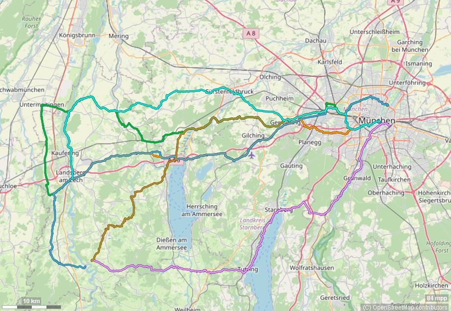 Karte mit Radrouten von München nach Landsberg und an den Lech