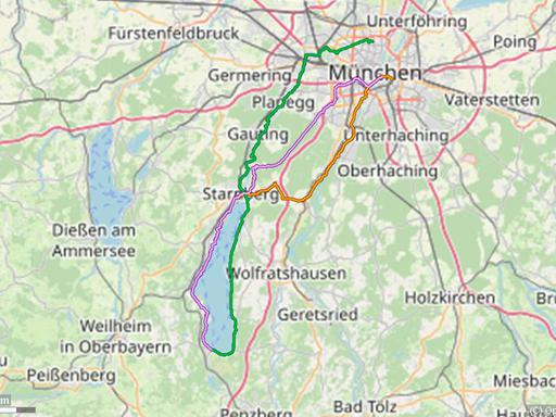Karte mit Radrouten von München an den Starnberger See: nach Starnberg, Tutzing oder Seeshaupt
