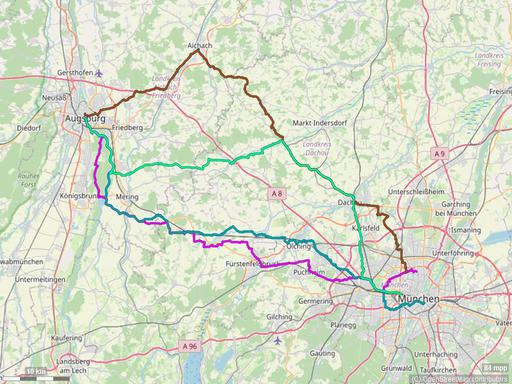 Karte mit Radrouten von München nach Augsburg