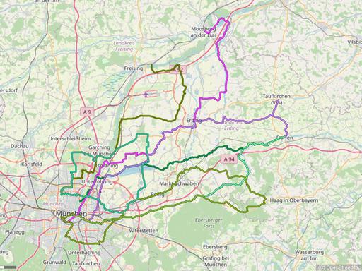 Karte mit Radrouten von München in das und durch das Erdinger Land, an Vils und Isen, Isar Speicherseen, Maitenbeth und Haag