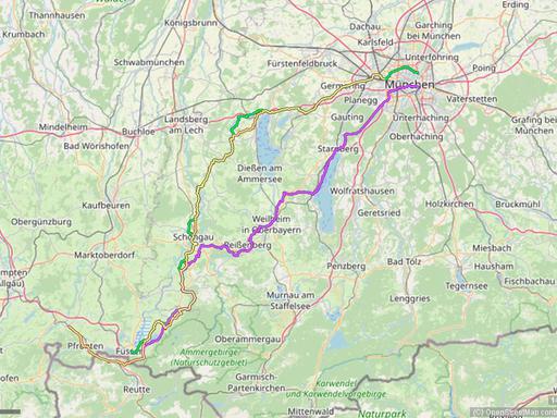 Karte mit Radrouten von München ins Allgäu