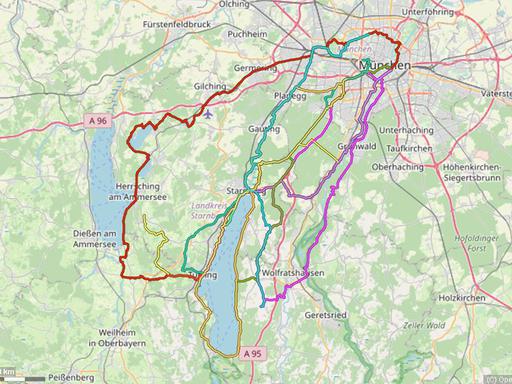 Karte mit Radrouten von München an den Starnberger See: Starnberg, Tutzing, Ambach, Possenhofen, Seeshaupt und weiter bis nach Andechs und an den Ammersee