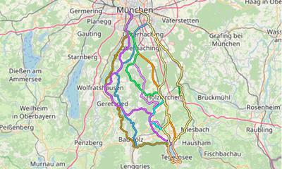 Karte mit Radrouten von München nach Tegernsee, Rottach-Egern und Gmund