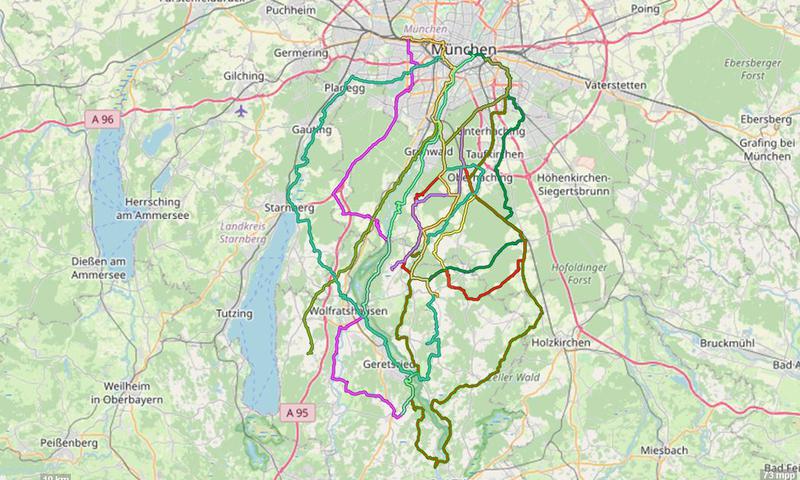 Karte mit Radrouten von München nach Wolfratshausen und Umgebung: Fürst-Tegernberg, Attenham, Ludwigshöhe, Thanninger Weiher und viele mehr